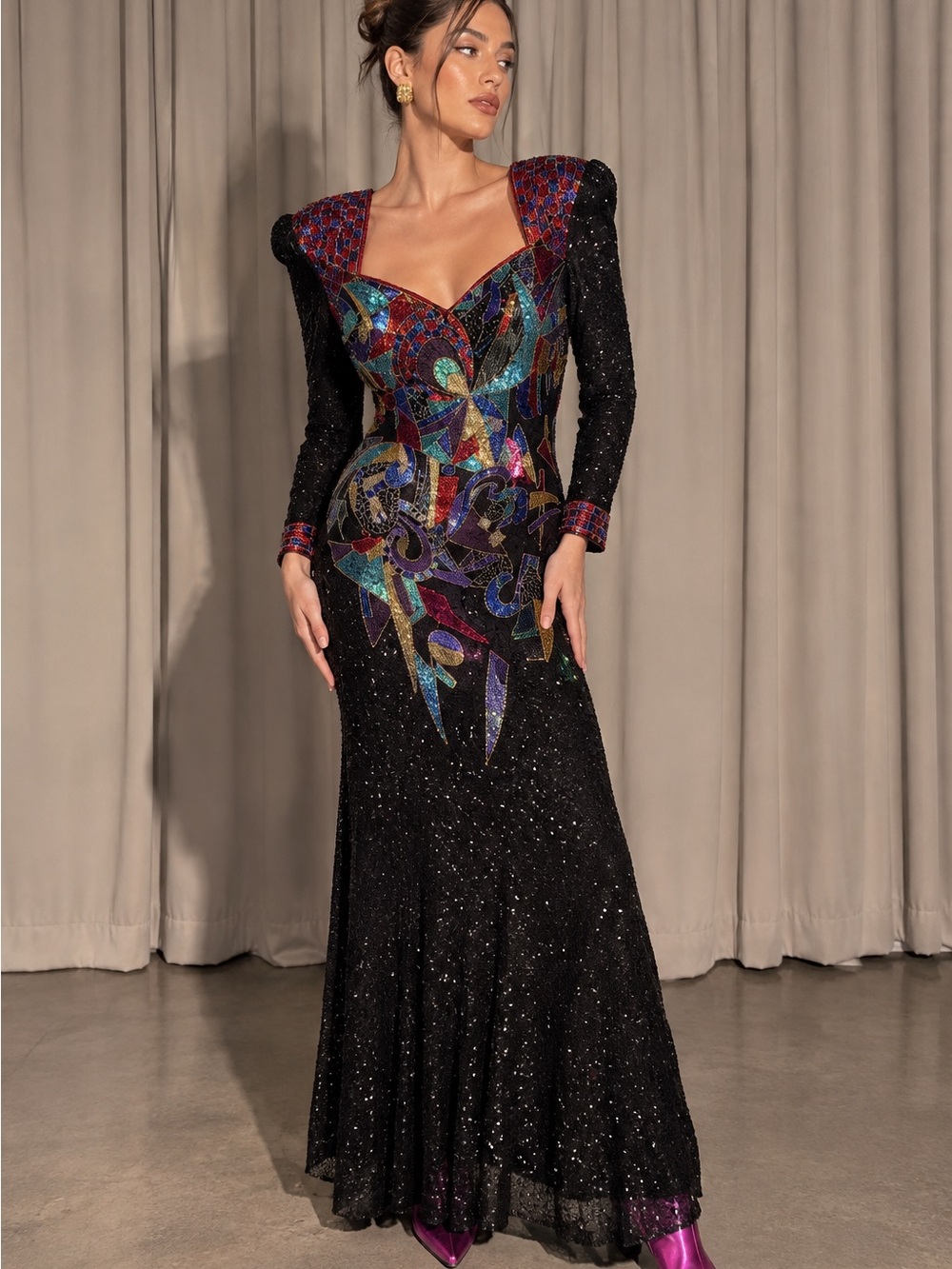 VTG 80s BLACK TIE 100% Silk Beaded Sequin Geometric Mermaid Gown Maxi Dress 10